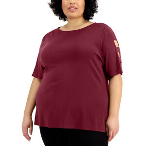 Karen Scott Plus Size 100% Cotton Wine Red Cutout-Sleeve Top NWT